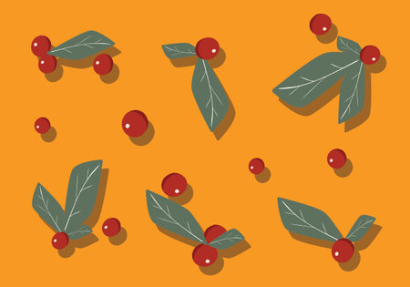 Red berries with green leaves on a orange backgroundのイラスト素材