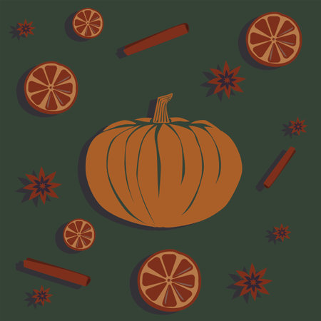 Set of spices and pumpkin on greenのイラスト素材