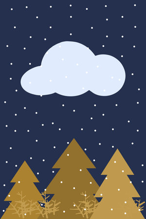 Background with fir trees, snow and twigs on blue and yellow color from the winter set, winter picturesのイラスト素材