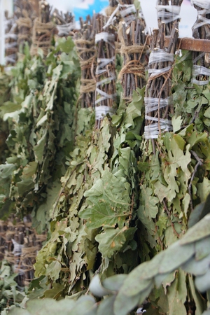 Oak brooms for Russian bath with focus on front ones. Brooms hanging on carrier under sky for sale. Besoms are dried on the aluminum wire.の写真素材