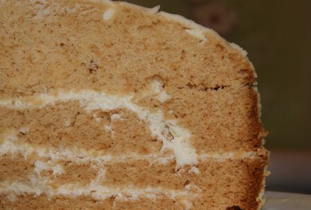 Slice of layered delicious honey cake on rustic wooden background. Homemade bakingの写真素材