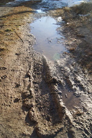 Puddles in early spring time, dirt country pathの写真素材