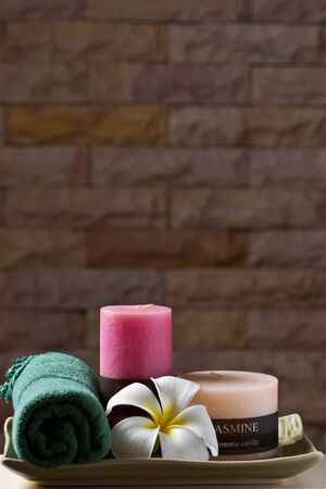 Spa kit on sandstone backgroundの写真素材