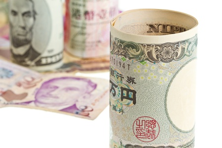 Japan Yen infront of multi national bank noteの写真素材