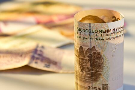 China Yuan in front of multi national bank noteの写真素材