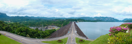 Ratchaprapha Dam at Khao Sok National Park with beautiful mountains on the horizon, Surat Thani Province, Thailandの写真素材