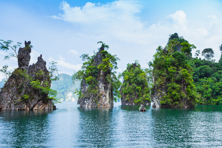 Natural attractions from a long-tailed boat in Ratchaprapha Dam at Khao Sok National Park, Suratthani Province, Thailand.の写真素材