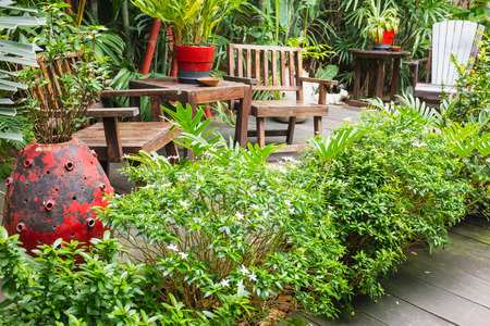 Leisure corner in tropical garden, Thailandの写真素材