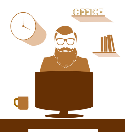 Freelancer at work. Freelance job vector illustration. Man working and drinking coffee. Work at home. Travel and work.のイラスト素材