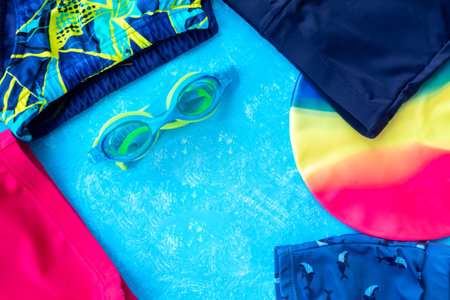Different stylish beach accessories on a blue background against white background, top view. Space...