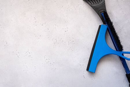 wiper blade and glass scraper. Glass Scrape tool or Squeegee for Shower, Window and Car Glass on white backgroundの写真素材