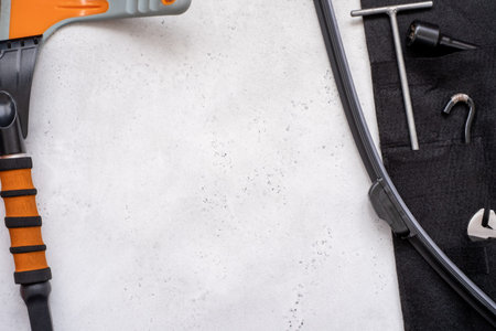 Adjustable and spanner, hexagon and wiper blade auto equipment. The wrench steel tools for repair and hexagon tool or allen wrench set on light gray background.の写真素材