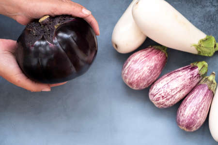 one round and five oval eggplant white and violet concept a variety of healthy foodの写真素材