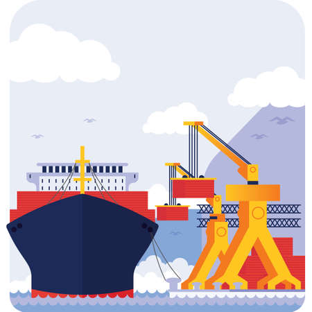 Ship unloading in port, environment landscape backgroundのイラスト素材