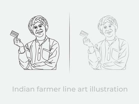 Indian farmer with Debit or Credit card line art illustration vector symbolのイラスト素材
