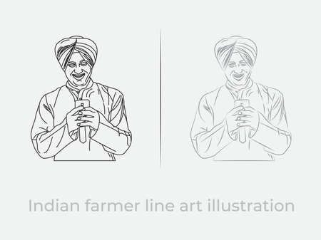 Indian farmer with mobile line art illustration vector symbolのイラスト素材