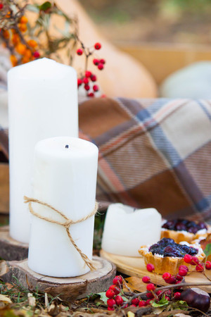 Candle Cranberry autumn tartan blanket cosy lifeの写真素材