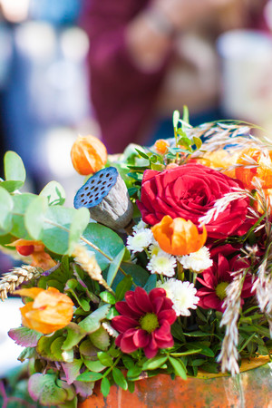autumn flower composition in pumpkin on the tableの写真素材