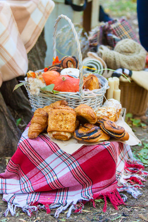 autumn picnic in the park with a basket and blanketの写真素材