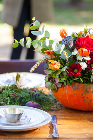 autumn pumpcin tea party in the Park table settingの写真素材