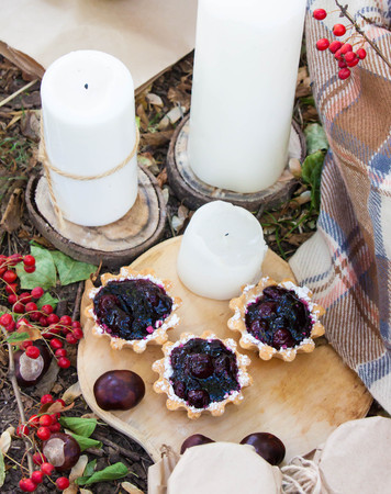 Candle Cranberry autumn tartan blanket pastry cosy lifeの写真素材