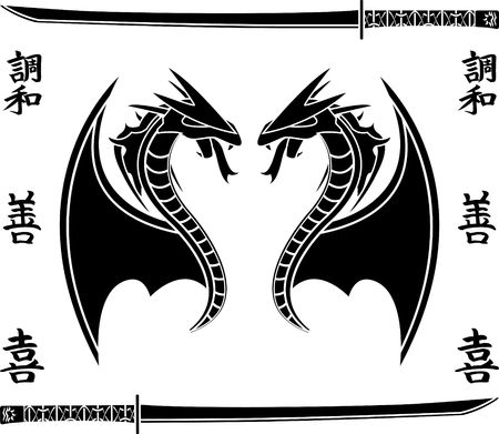 japanese flying dragons. stencilのイラスト素材