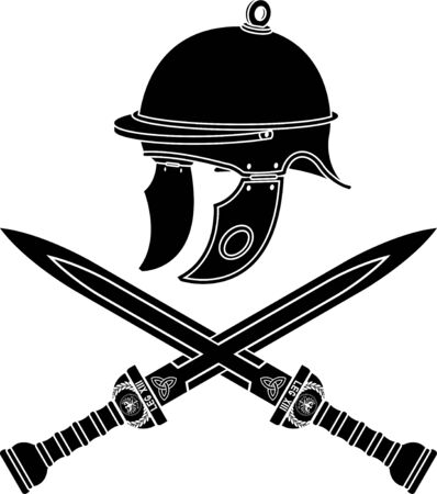 roman helmet and swords. first variant. stencil. vector illustrationのイラスト素材