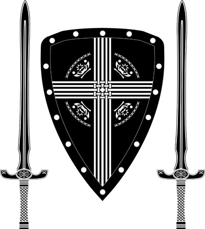 fantasy shield and swords of european warriors  vector illustrationのイラスト素材