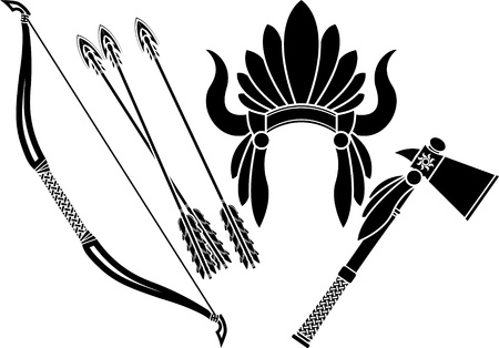 american indian headdress, tomahawk and bow  stencilのイラスト素材