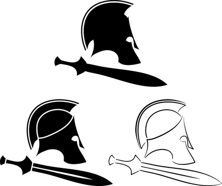 set of ancient helmets with swords  vector illustrationのイラスト素材