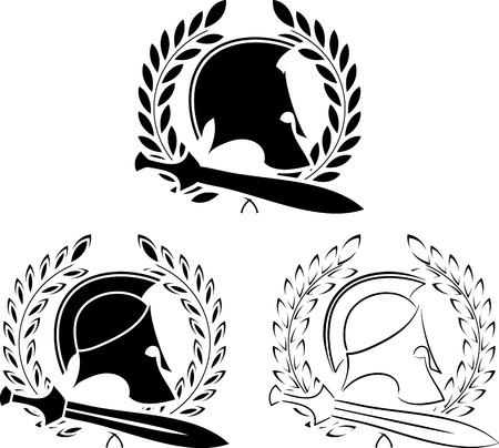 set of ancient helmets with swords and laurel wreaths  illustrationのイラスト素材