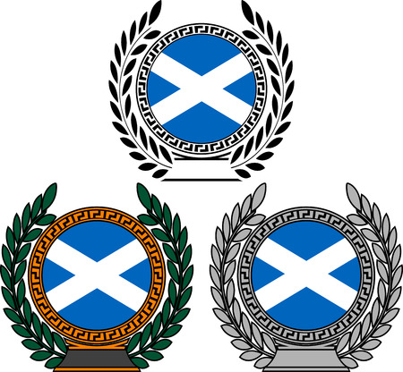 set of flags of scotland with laurel wreath. vector illustrationのイラスト素材