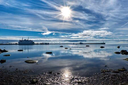 ferry in harborの写真素材