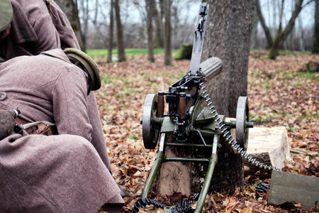 retro machine gun and soldiers in the forest
