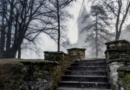 bishop's castle in the morning fog. Estonia, Haapsalu cityのeditorial素材