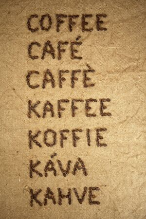 Word coffee made of coffee beans in various languages: english, french, spanish, portuguese, german, dutch, czech, slovak and turkishの写真素材
