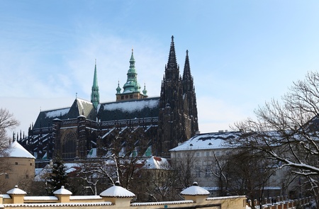 St Vitus cathedral at Prague Castle in winter with snowの写真素材