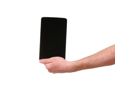 Male hands holding a tablet touch computer gadget with black screenの写真素材