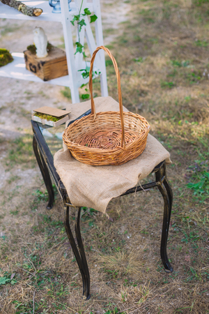 Wedding decor. Wedding on a plate green background and a mountains. Wedding decorations, pears and moss. Tints of green and yellowの写真素材