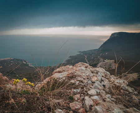 Stunning views of the coast from the top of the mountainの写真素材