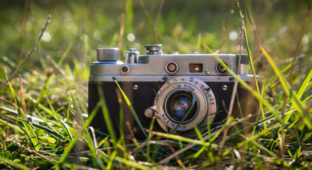 Vintage camera on grass background