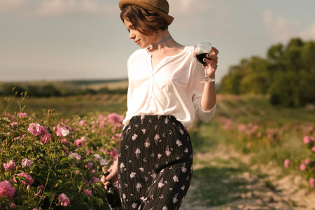 Beautiful young woman with curly hair posing near roses in a garden. Girl with a glass in her hand,...