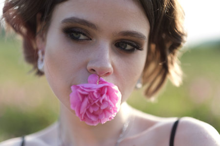 Beautiful young woman with curly hair posing near roses in a garden. The concept of perfume advertising.の写真素材