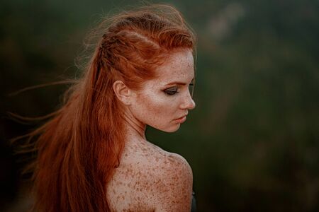 beautiful furious scandinavian warrior ginger woman in grey dress with metal chain mail. Woman is a Viking. Fantasy. Book Cover. Close-up portrait. Cinematic lookの写真素材