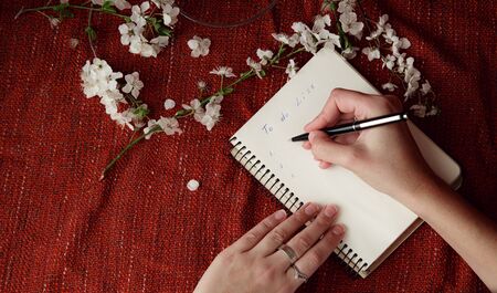 Woman's hands holding pen and spiral notepad as mockup for your design. Red background, flat lay style. idea and concept of spring, change, making a wish and setting goalsの写真素材