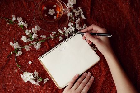 Woman's hands holding pen and spiral notepad as mockup for your design. Red background, flat lay style. idea and concept of spring, change, making a wish and setting goalsの写真素材