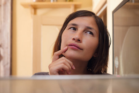 Pretty asian Woman Looking For Food In Refrigerator. healthy food concept. the idea of overeating...