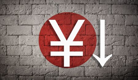 symbolic depreciation of the national currency Yen against of the country flag Japan. The concept of the depreciation of the currency, the fall of the economy and the breakdown of economic tiesの写真素材
