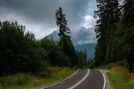 Road to the great mountain in summer. Mountain road to Lysa Polana and Morskie Oko, High Tatra Mountains, Polandの写真素材