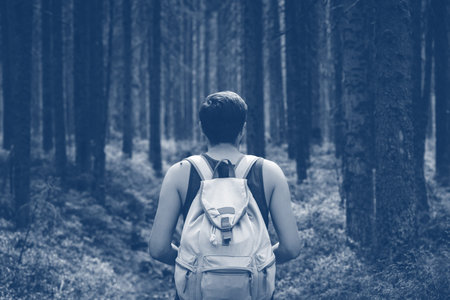 Closeup portrait of young hiker hiking, looking up at trees. Mountain trip. view from the back....